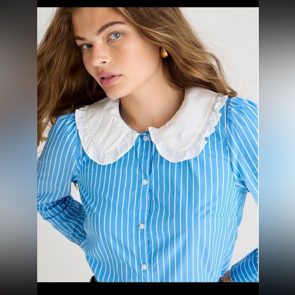 J Crew Blue Striped Peter Pan White Long Sleeve Button Front Poplin Shirt size 2